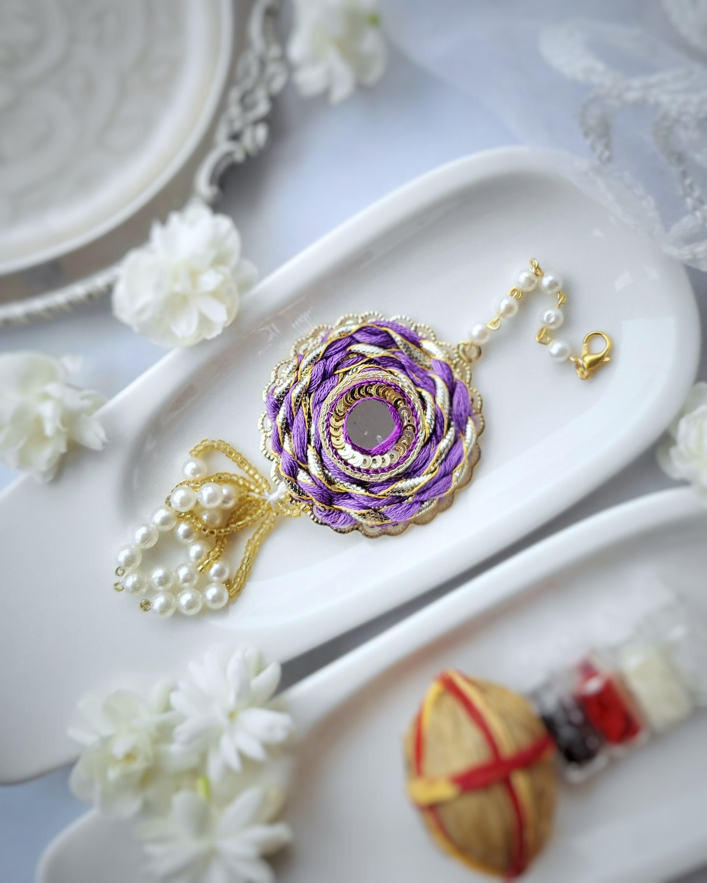 Mirror Purple Lumba Rakhi wirh Pooja Samagri