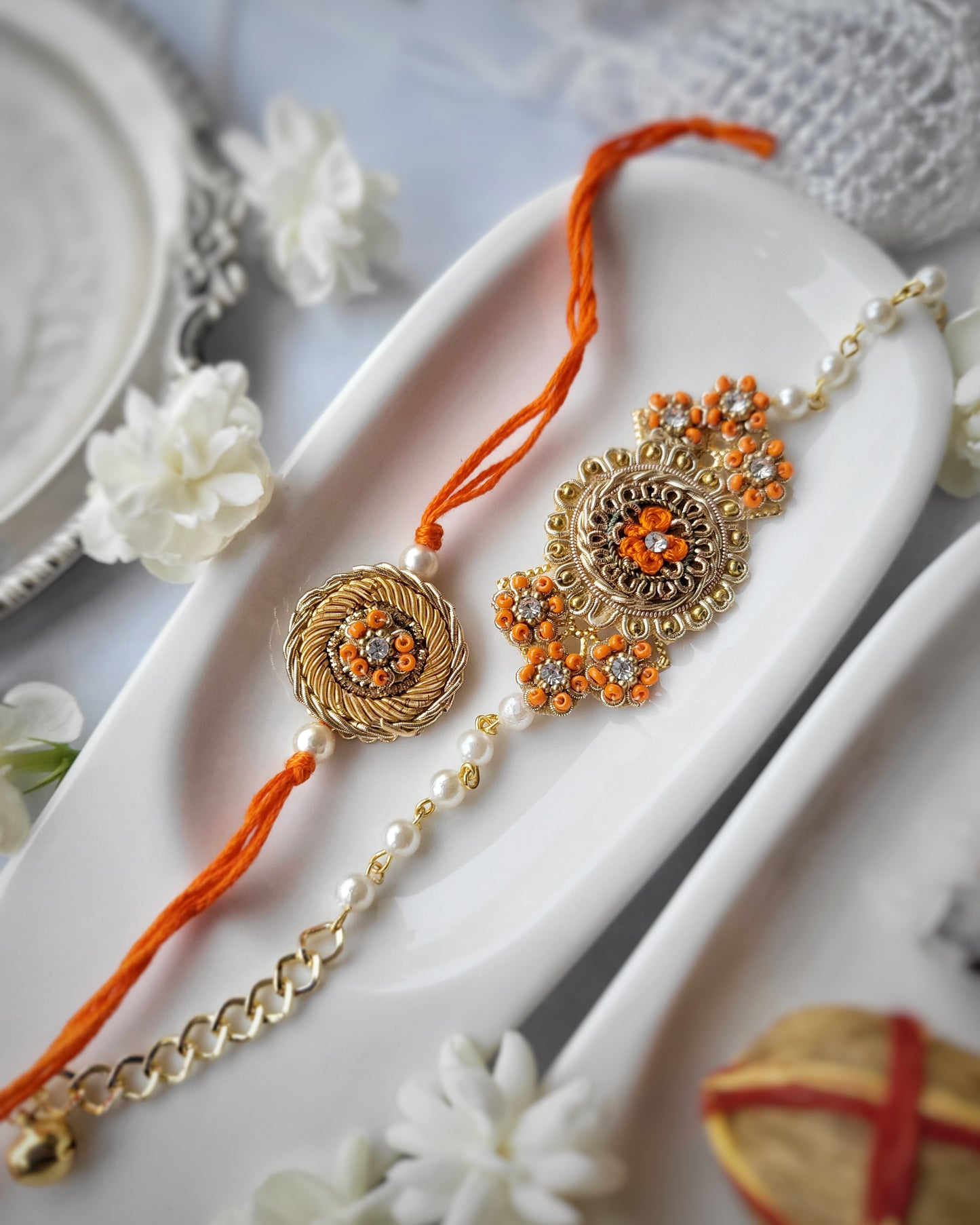 Orange with Pearls Bracelet Rakhi Pack of 2