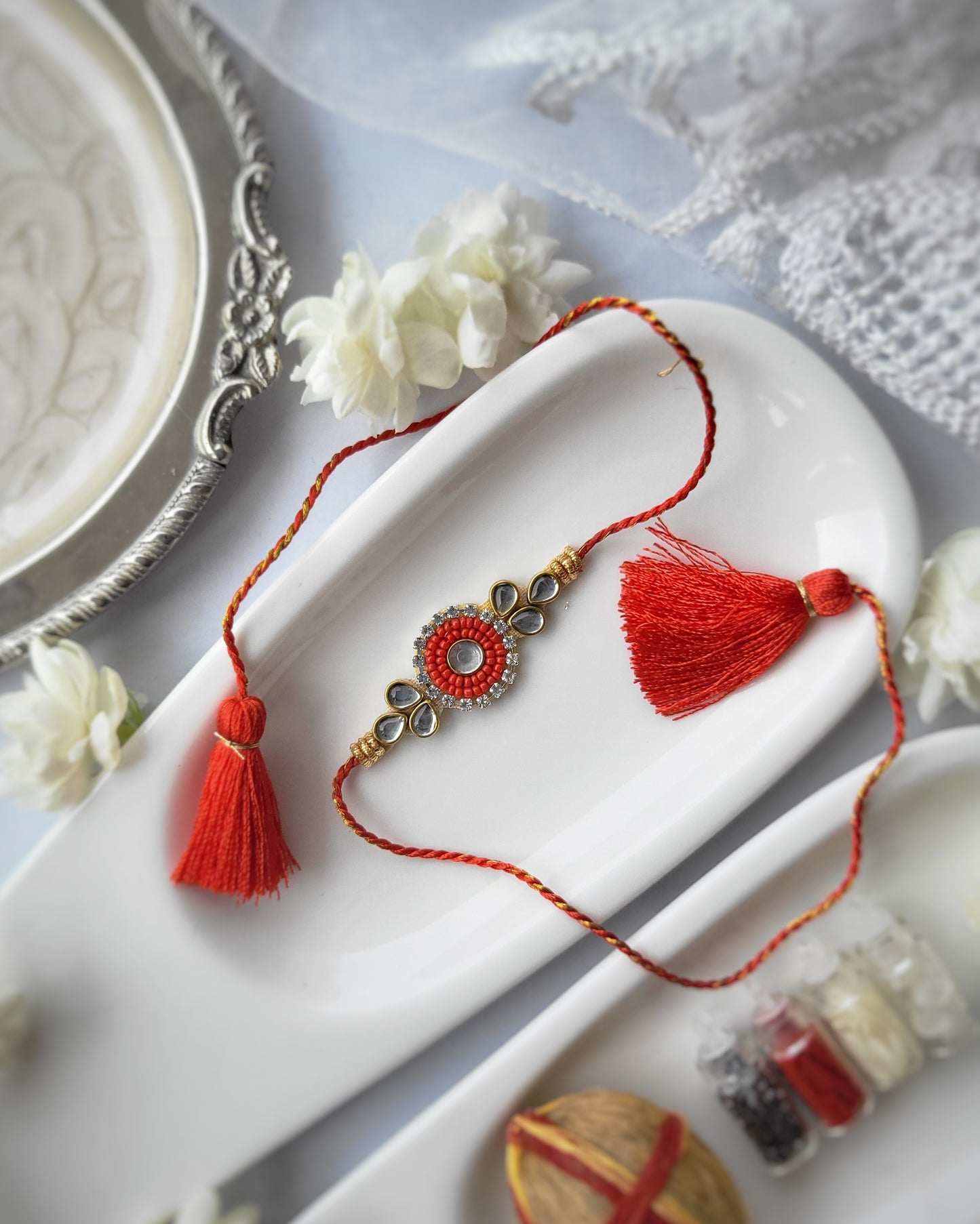 Bhabhi Hathful Rakhi + Red Pearl Brother Rakhi Set