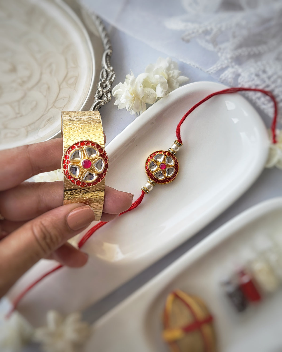 Red Kundan Kada Female Rakhi