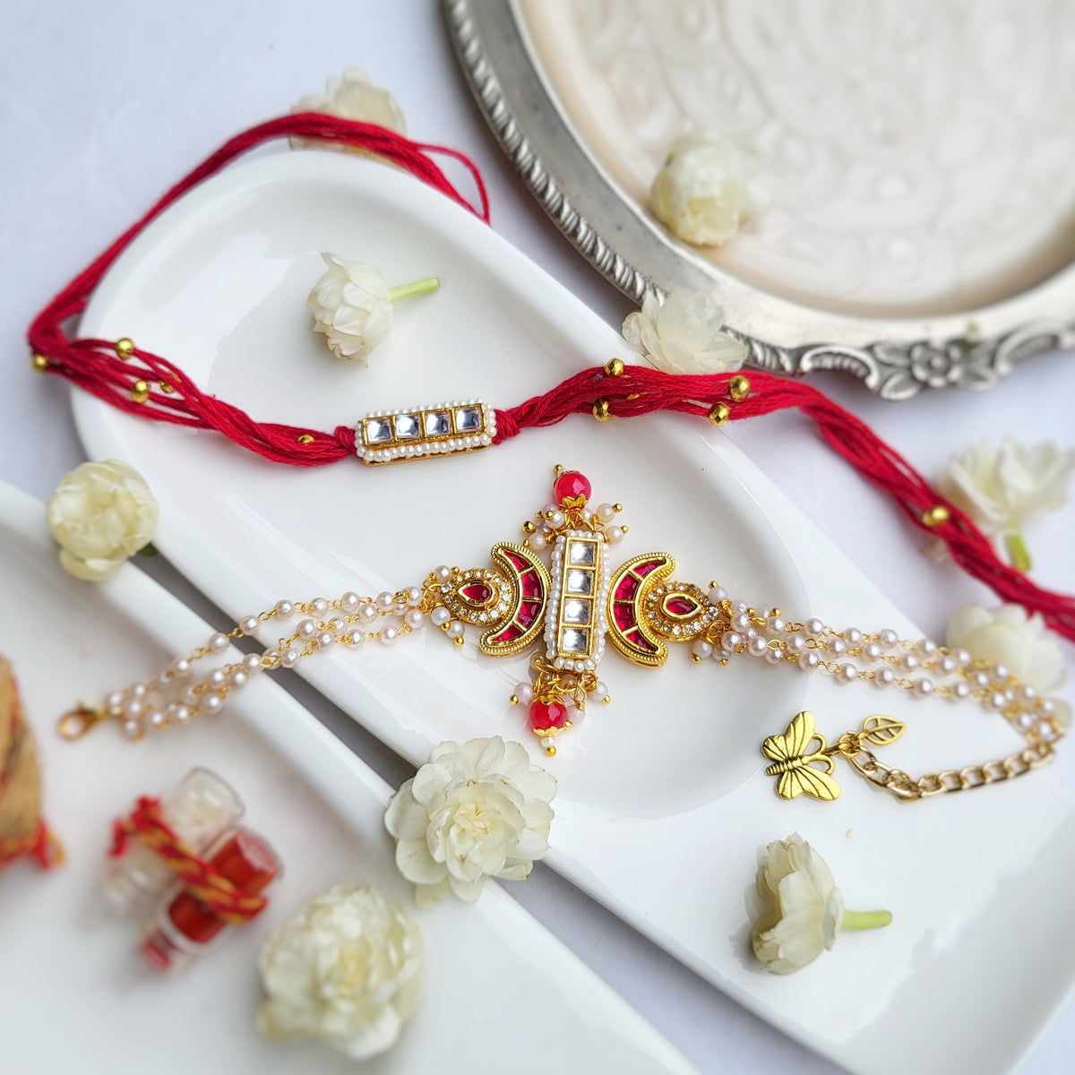 Red Kundan Pearl Bracelet Bhabhi Rakhi