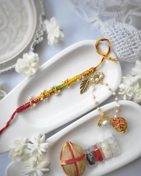 Pearl Knotted in Mauli Dhaga Lumba Rakhi