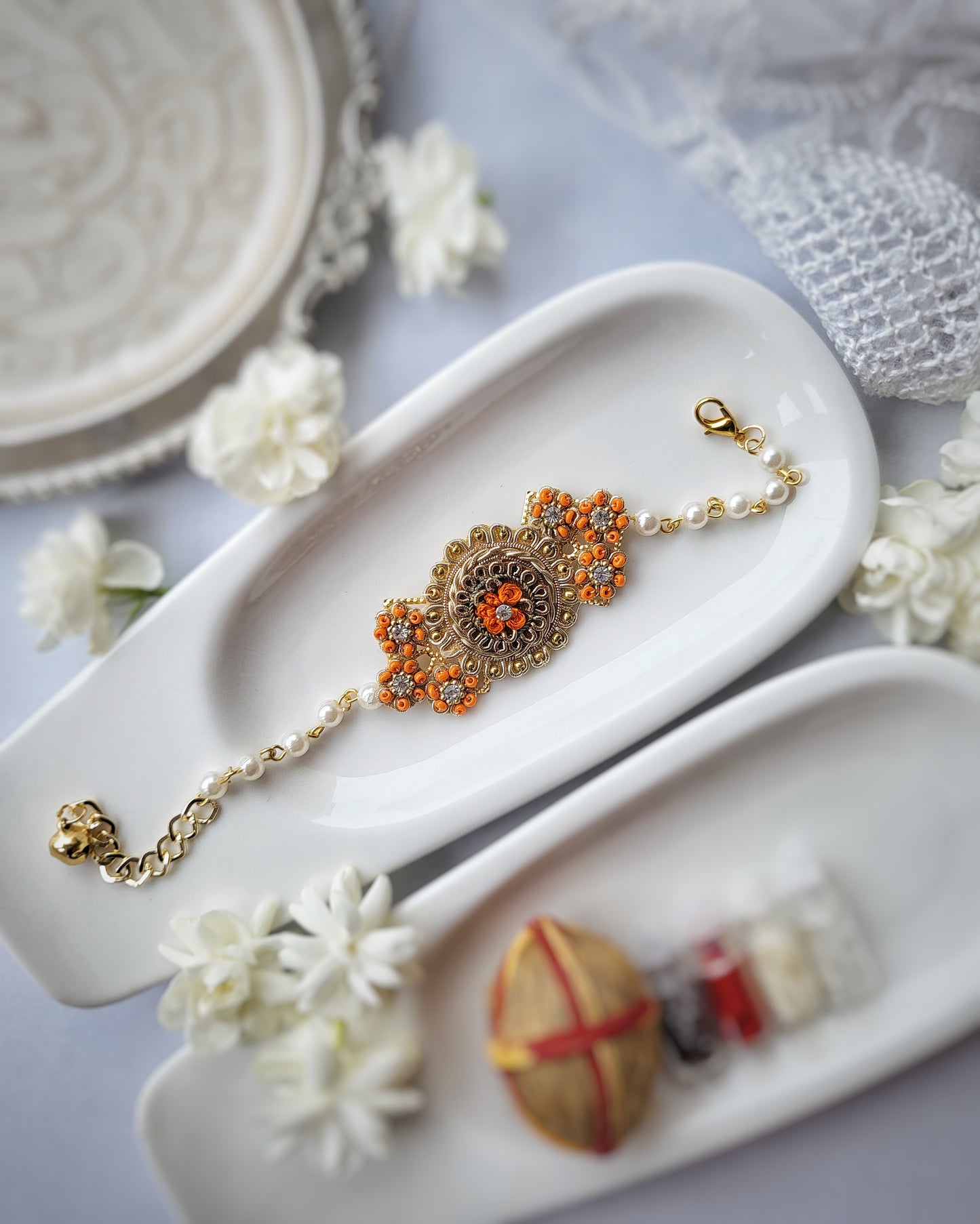 Orange with Pearls Bracelet Rakhi