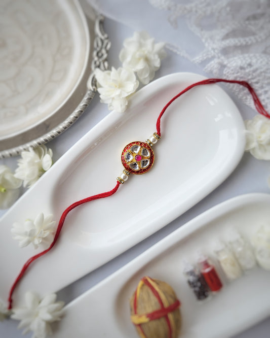 Red Five Petal Kundan Rakhi