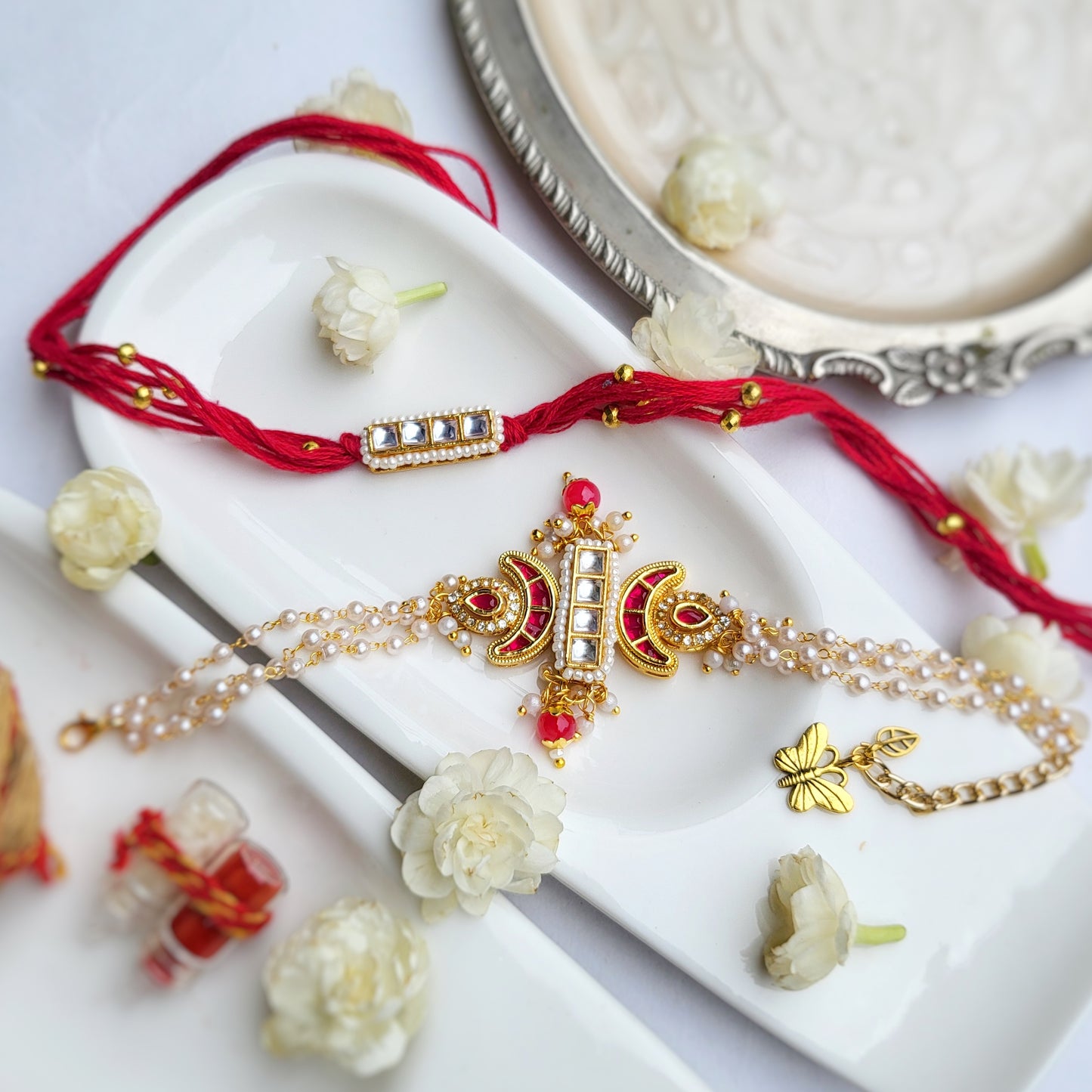 Red Kundan Pearl Bracelet Bhabhi Rakhi