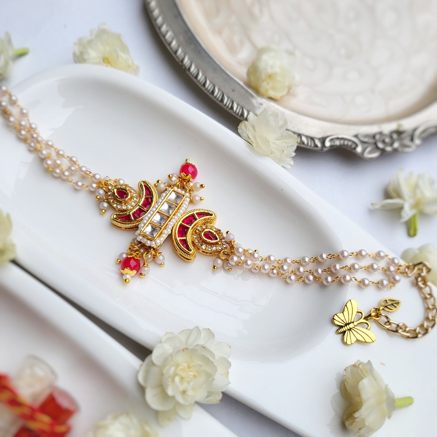 Red Kundan Pearl Bracelet Bhabhi Rakhi