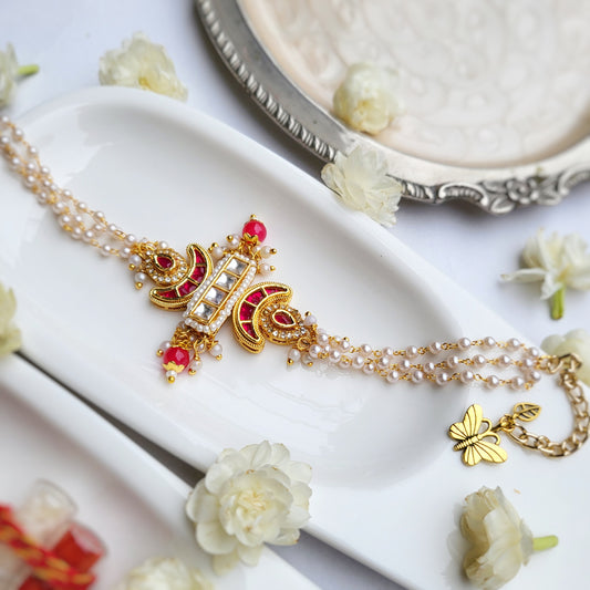 Red Kundan Pearl Bracelet Bhabhi Rakhi