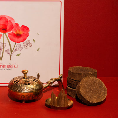 Brass Lotus Burner packaged with aroma accessories for devotional rituals
